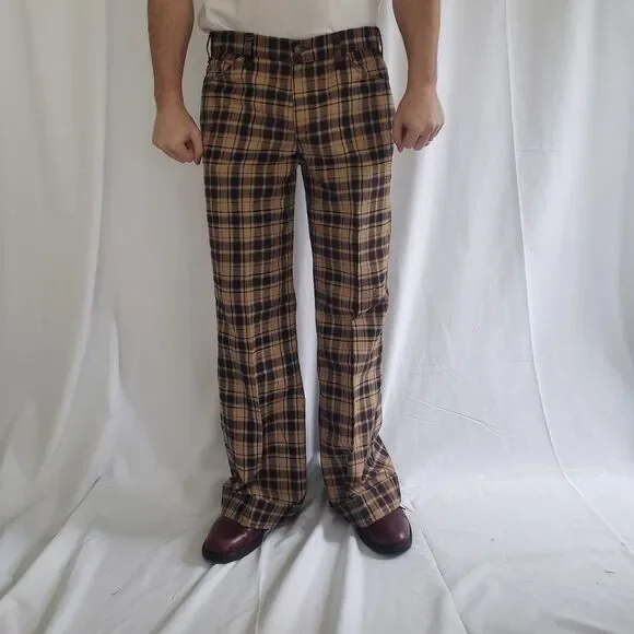 60s/70s Levi's Brown and Blue Plaid Pleated Flare Pants - Picture 1 of 6